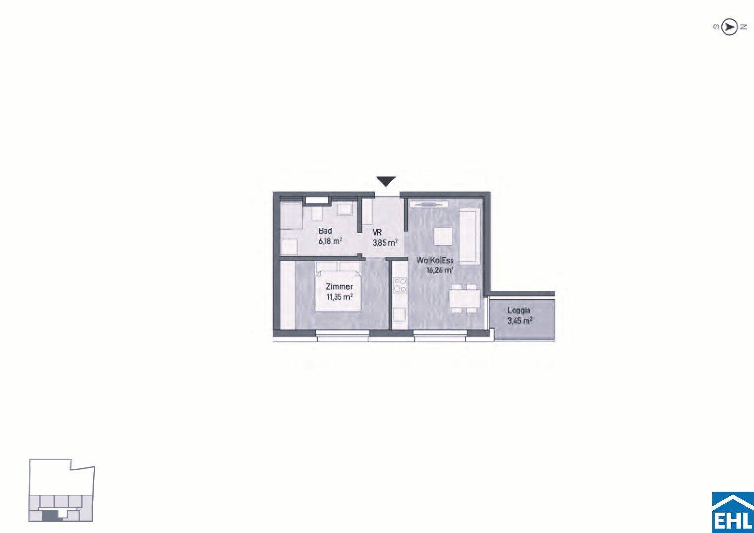 Grundriss einer Wohnung mit Zimmer, Bad, Wohn-Koch-Essbereich und Loggia.
