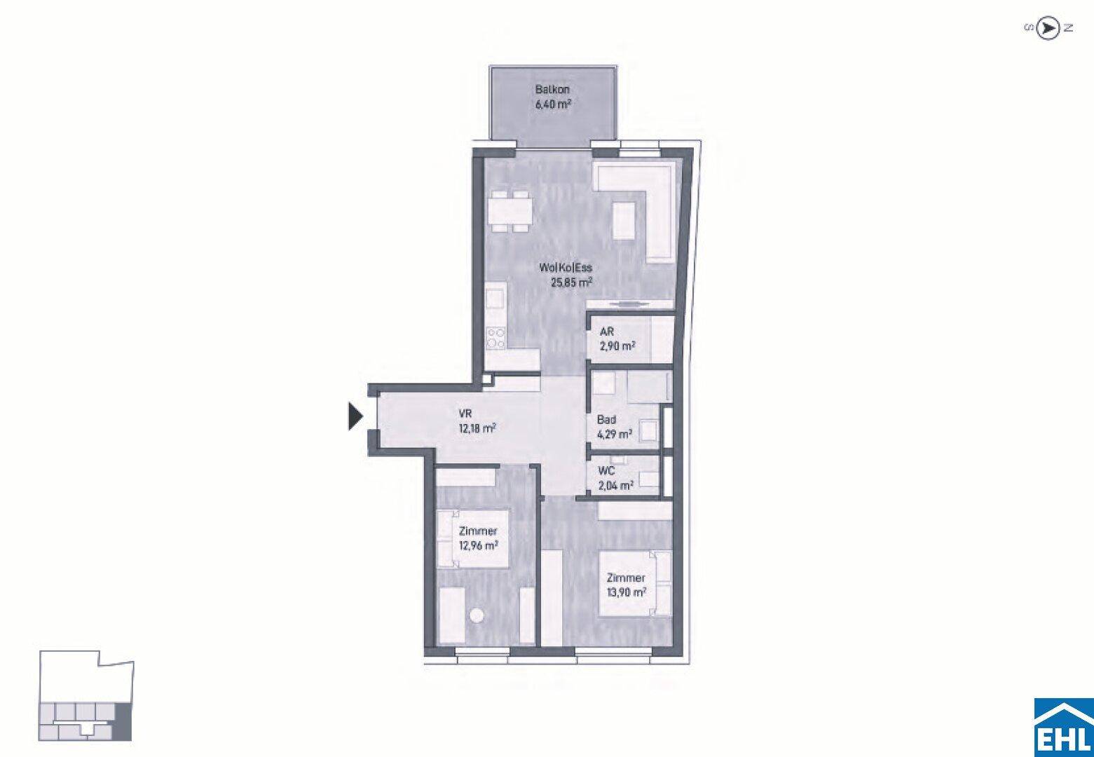 Grundriss einer Wohnung mit Wohn-, Koch- und Essbereich, zwei Zimmern, Bad, WC und Balkon.