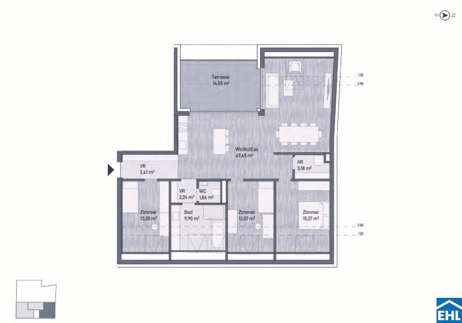 Detaillierter Grundriss einer Wohnung mit Terrasse, Wohn-Essbereich und drei Zimmern.