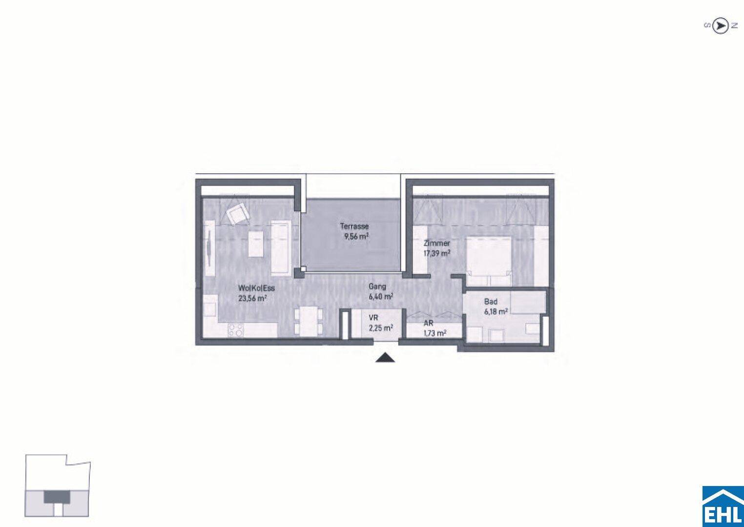 Grundriss einer Wohnung mit Wohn-Essbereich, Schlafzimmer, Bad und Terrasse.