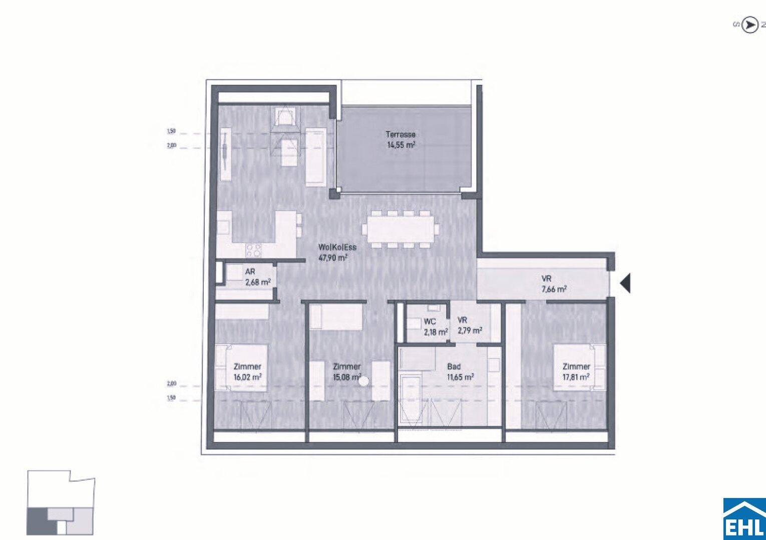Detaillierter Grundriss einer Wohnung mit Terrasse, drei Zimmern und separatem WC.