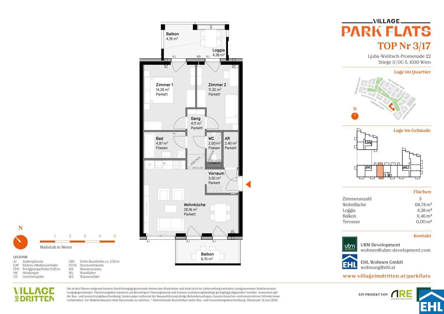 Grundriss einer Wohnung mit zwei Schlafzimmern, Wohnküche, Bad und Balkonen.
