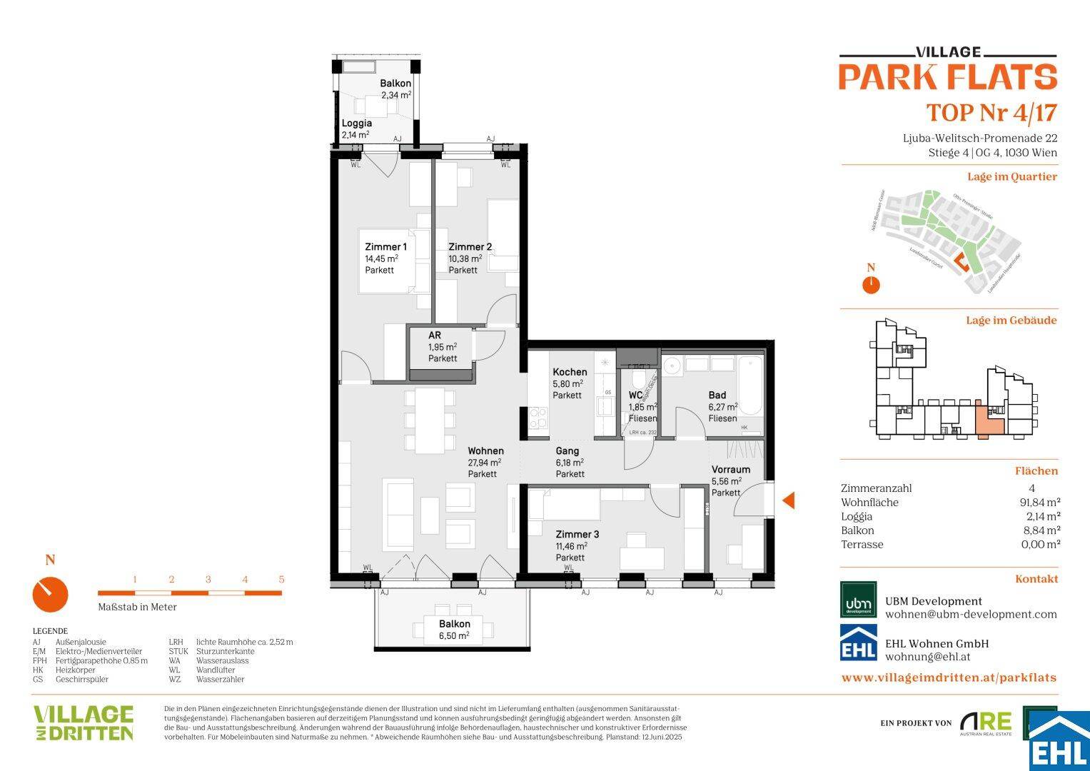 Detaillierter Grundriss einer modernen Wohnung mit drei Zimmern, Balkon und Loggia.