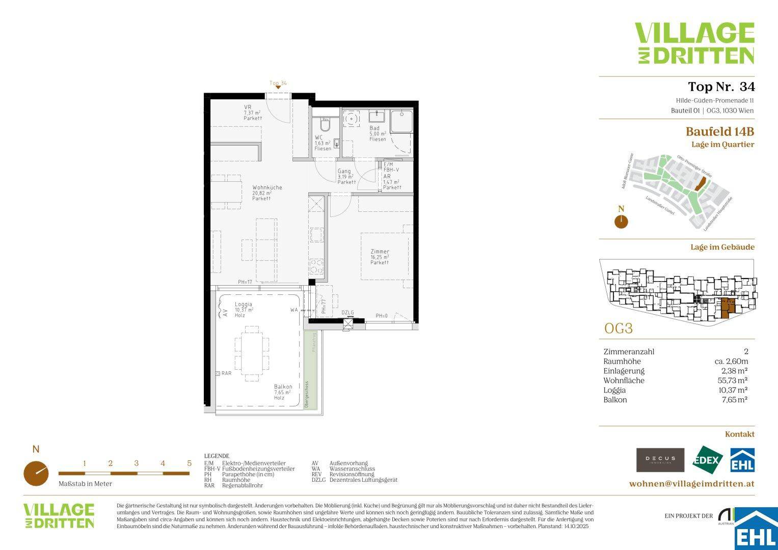 Grundriss einer Wohnung mit offenem Wohnbereich, Loggia und Balkon.