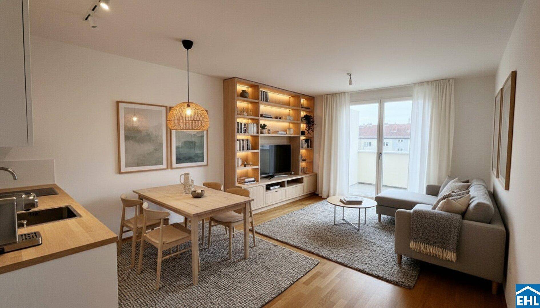 Heller Wohn-Essbereich mit Holzboden, integriertem Regal und Zugang zum Balkon.