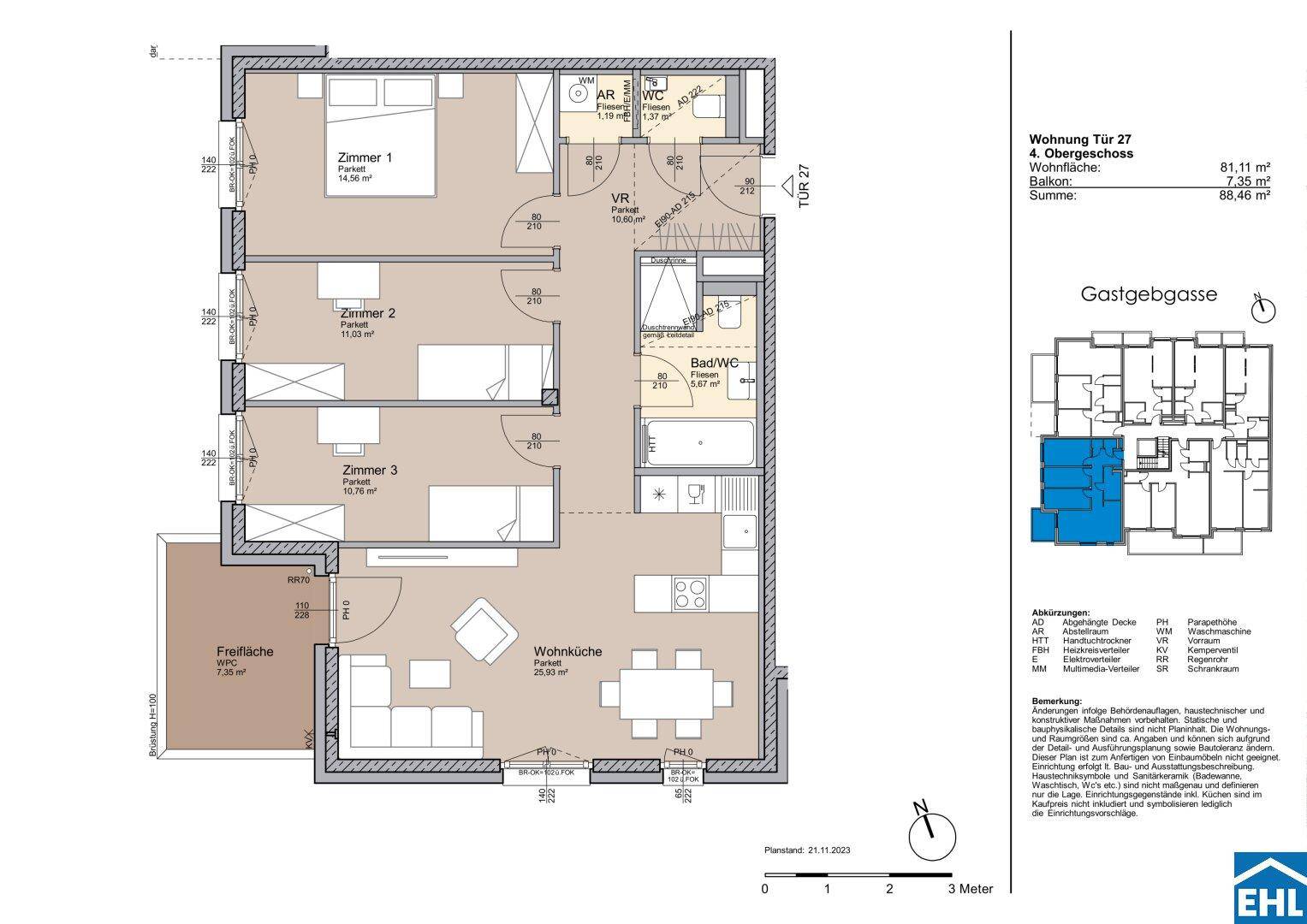 Detaillierter Grundriss einer Wohnung im 4. Obergeschoss mit drei Zimmern, offenem Wohnbereich und Balkon.