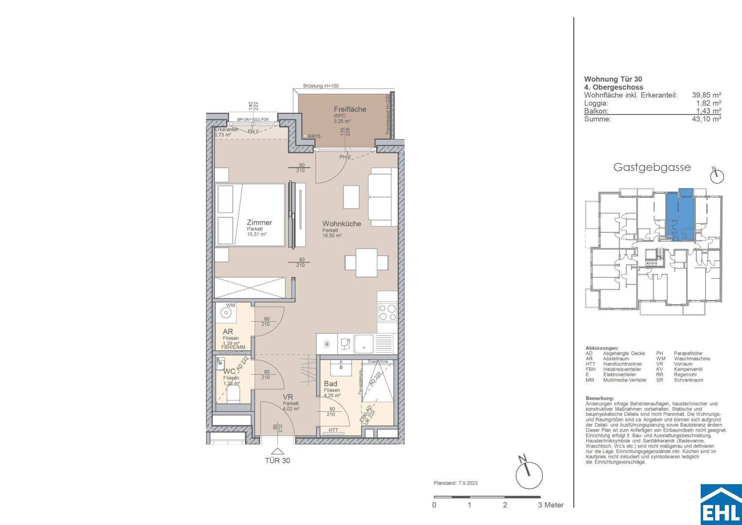 Detaillierter Grundriss einer 43,10 m² Wohnung mit Loggia und Balkon.
