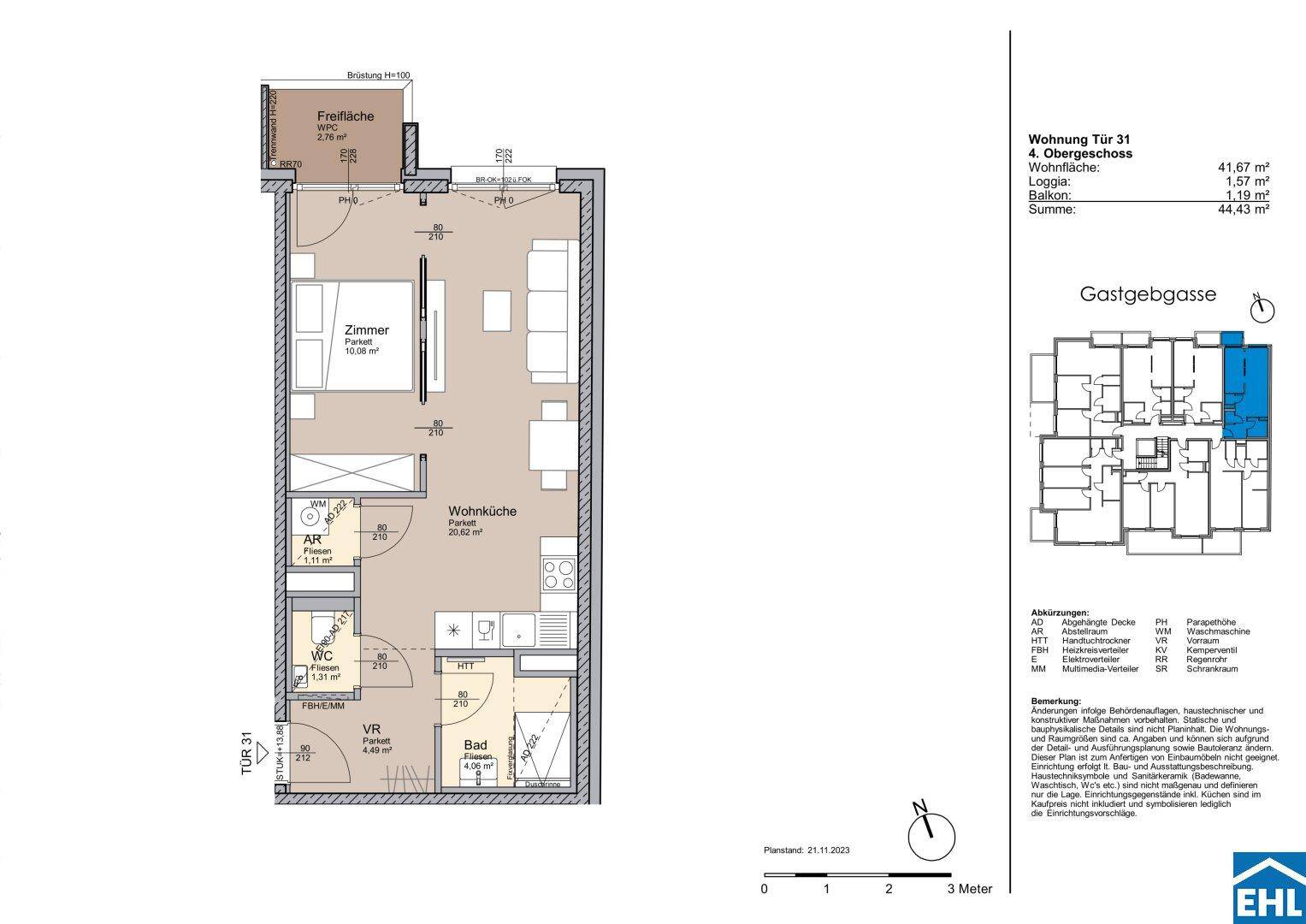 Grundriss einer modernen Wohnung im 4. Obergeschoss mit offener Wohnküche, Loggia und Balkon.