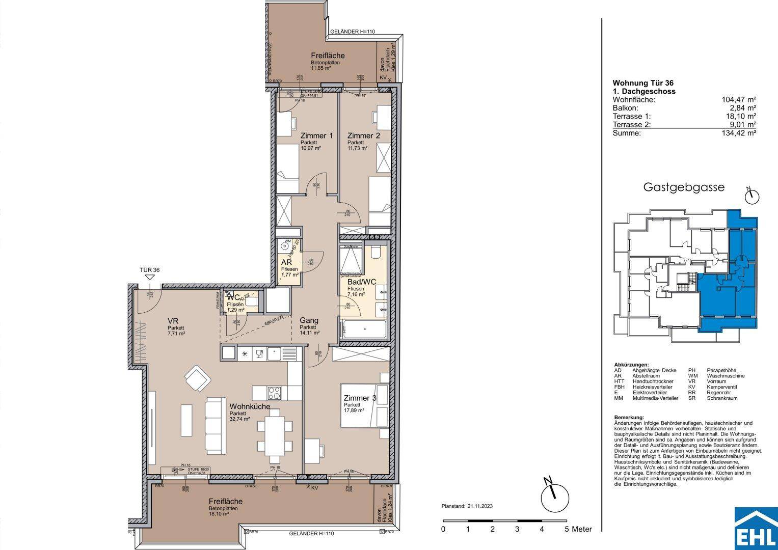 Detaillierter Grundriss der Wohnung mit mehreren Zimmern, offenem Wohnbereich und Freiflächen.