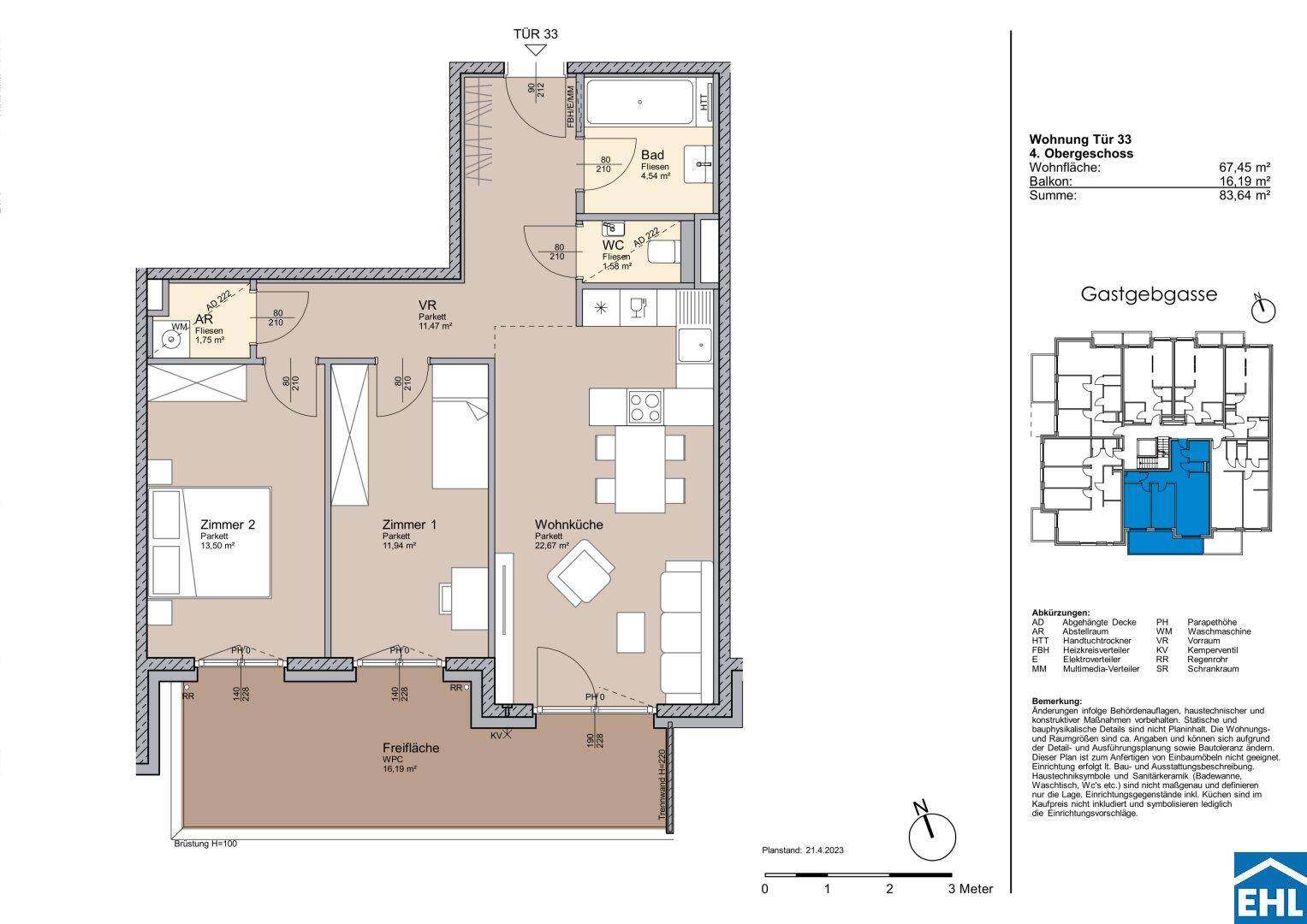 Detaillierter Grundriss einer Wohnung mit zwei Schlafzimmern, Wohnküche und großer Freifläche.