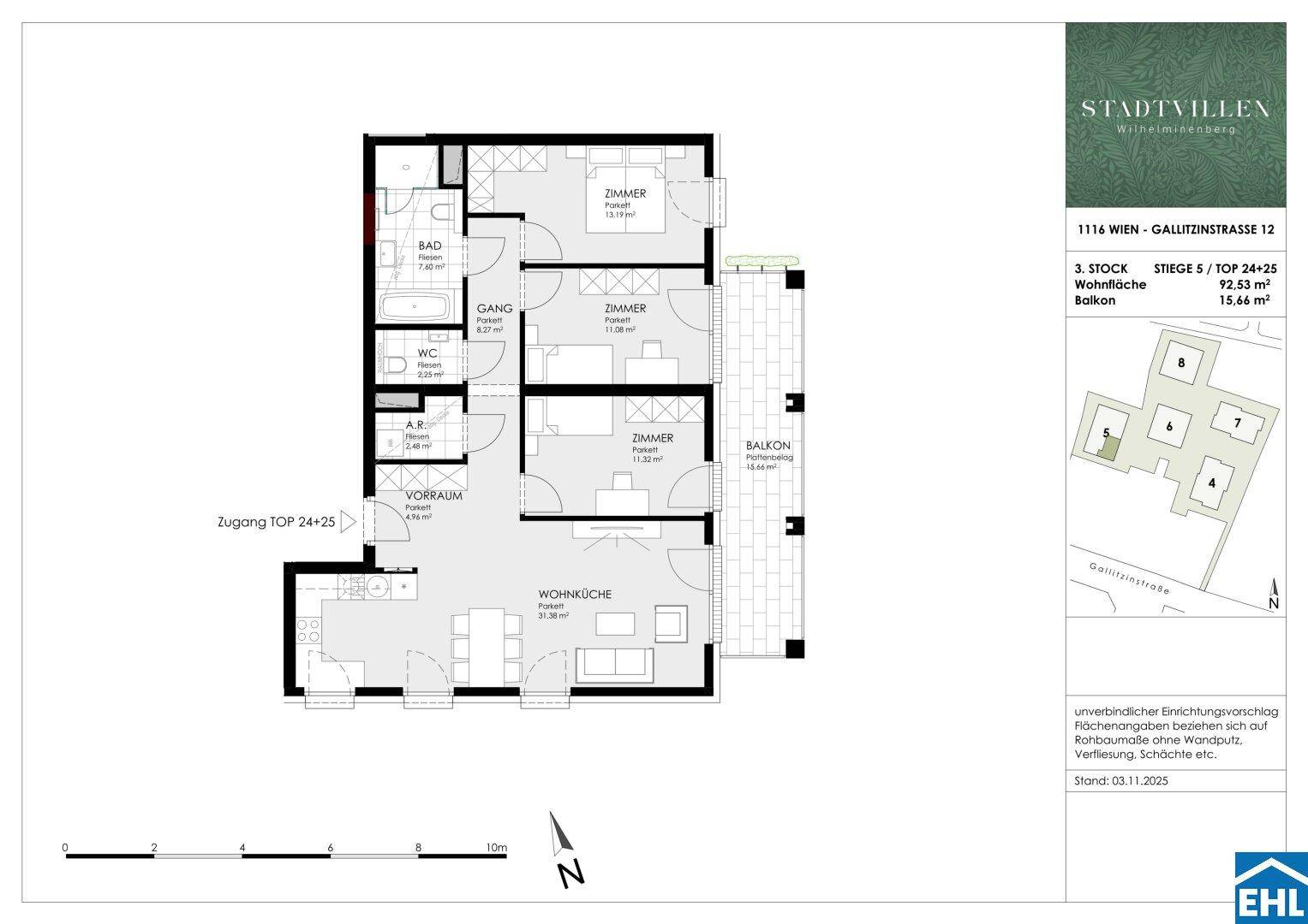 Grundriss einer Wohnung mit drei Zimmern, offenem Wohnbereich, Balkon und separatem WC.