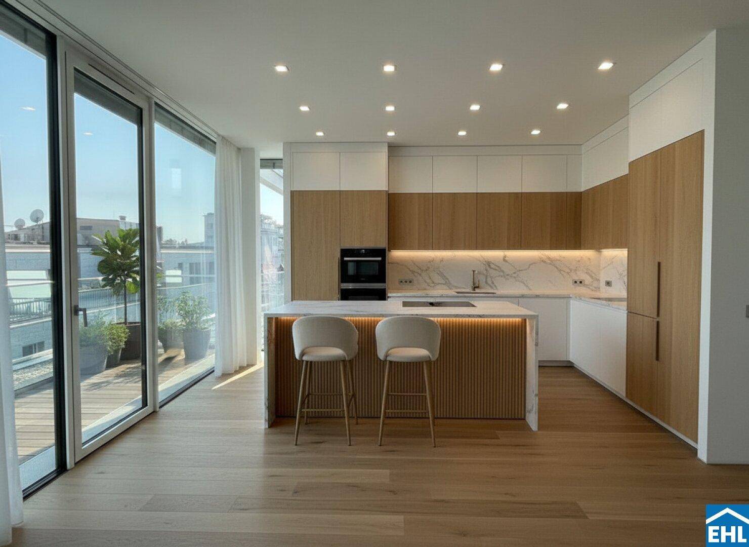 Moderne Einbauküche mit Kochinsel, Holzelementen und Zugang zur Terrasse.