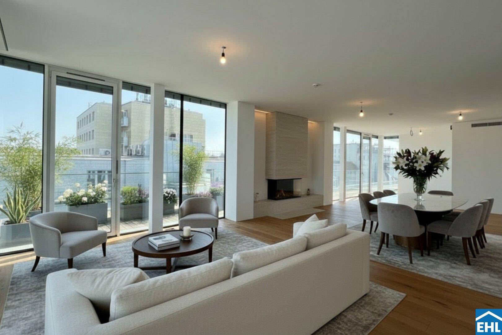 Eleganter Wohn-Essbereich mit Kamin, Holzboden und Zugang zur Terrasse.