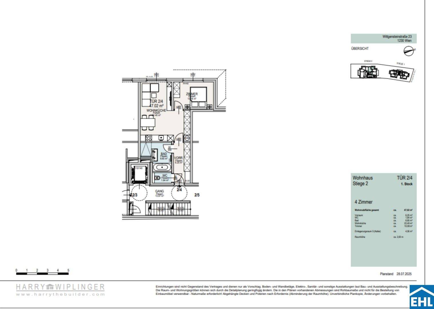 Grundriss einer 4-Zimmer-Wohnung im ersten Stock mit Bad, WC und Balkonzugang.