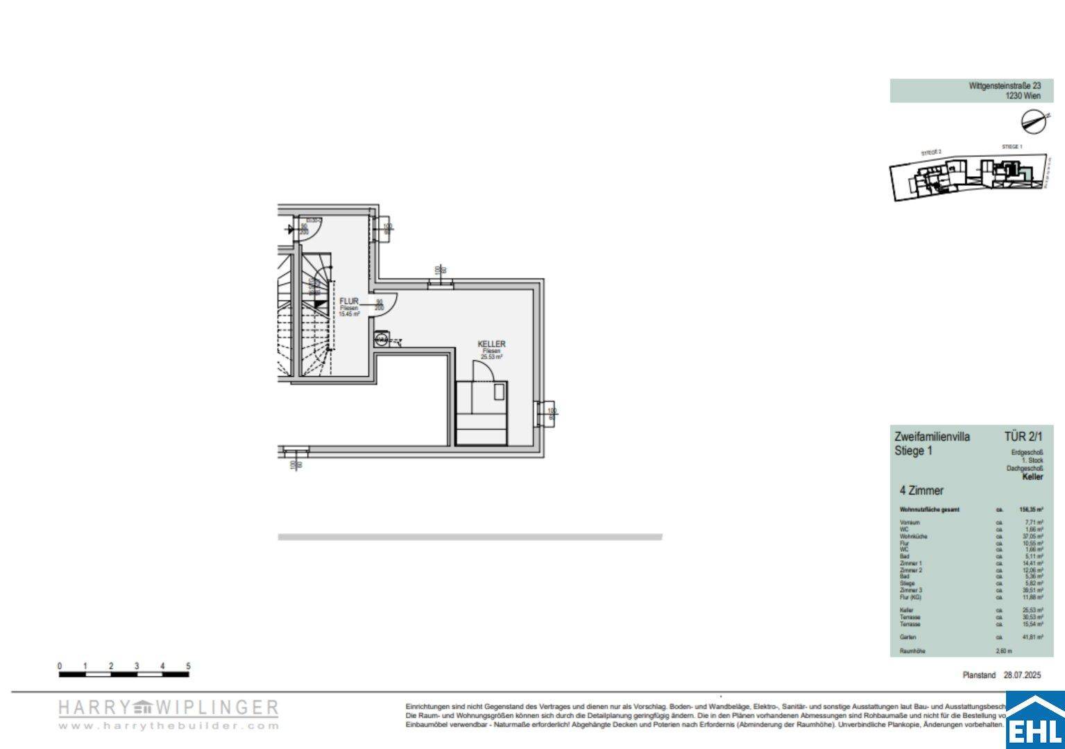 Grundriss des Kellergeschosses mit Treppenhaus und Abstellraum.