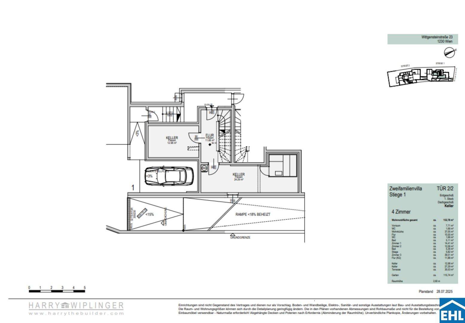 Grundriss des Kellers mit Tiefgarage, Abstellräumen und Treppenhaus.