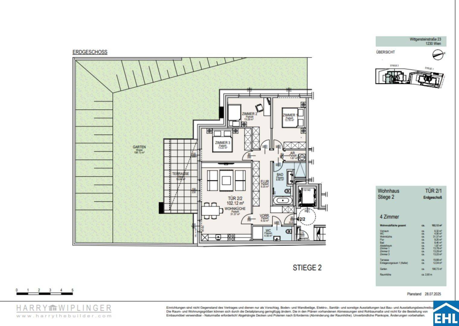 Grundriss einer 4-Zimmer-Wohnung im Erdgeschoss mit Terrasse und Gartenanteil.
