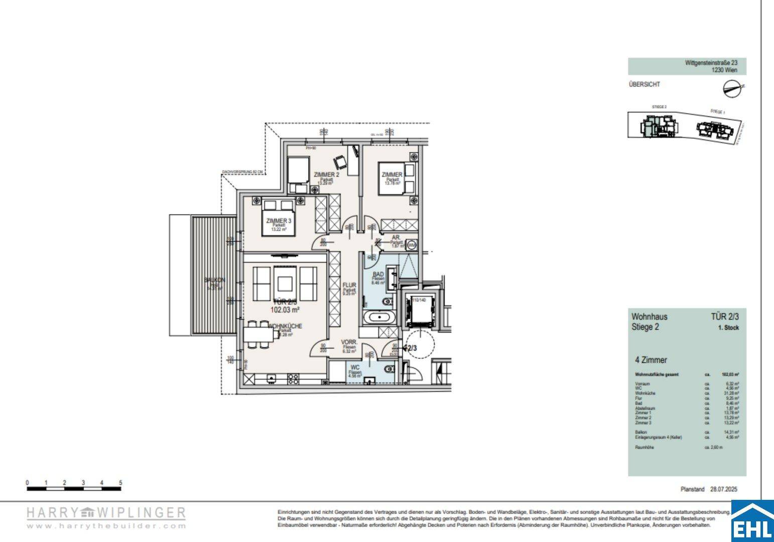 Detaillierter Grundriss einer 4-Zimmer-Wohnung mit Balkon und zwei Bädern.