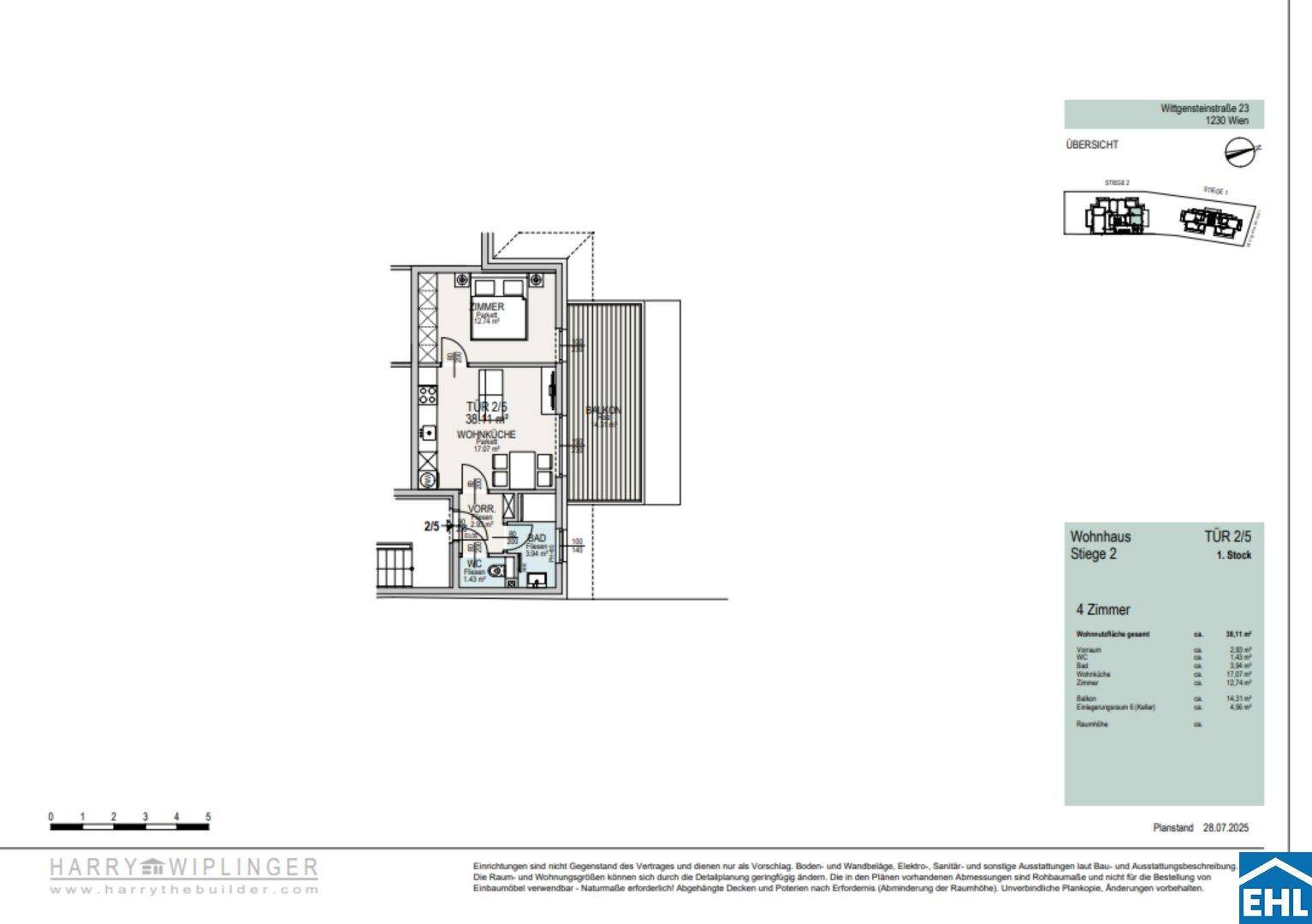 Detaillierter Grundriss einer 4-Zimmer-Wohnung mit Balkon und klarer Raumaufteilung.