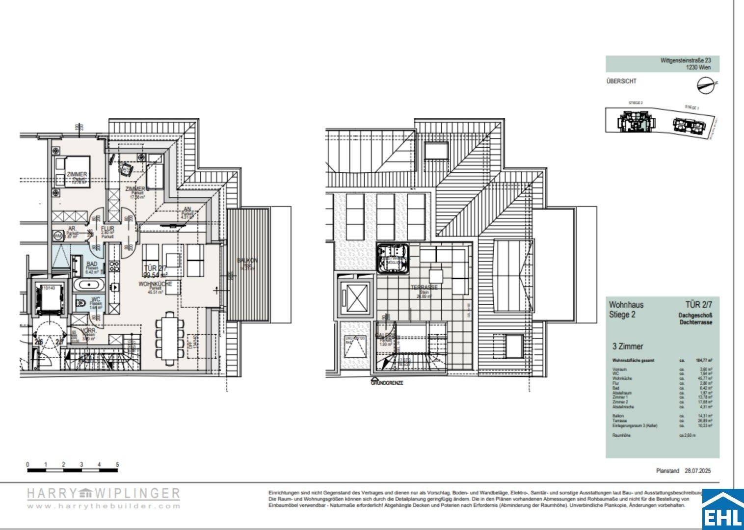 Grundriss einer Dachgeschosswohnung über zwei Ebenen mit Dachterrasse und mehreren Zimmern.