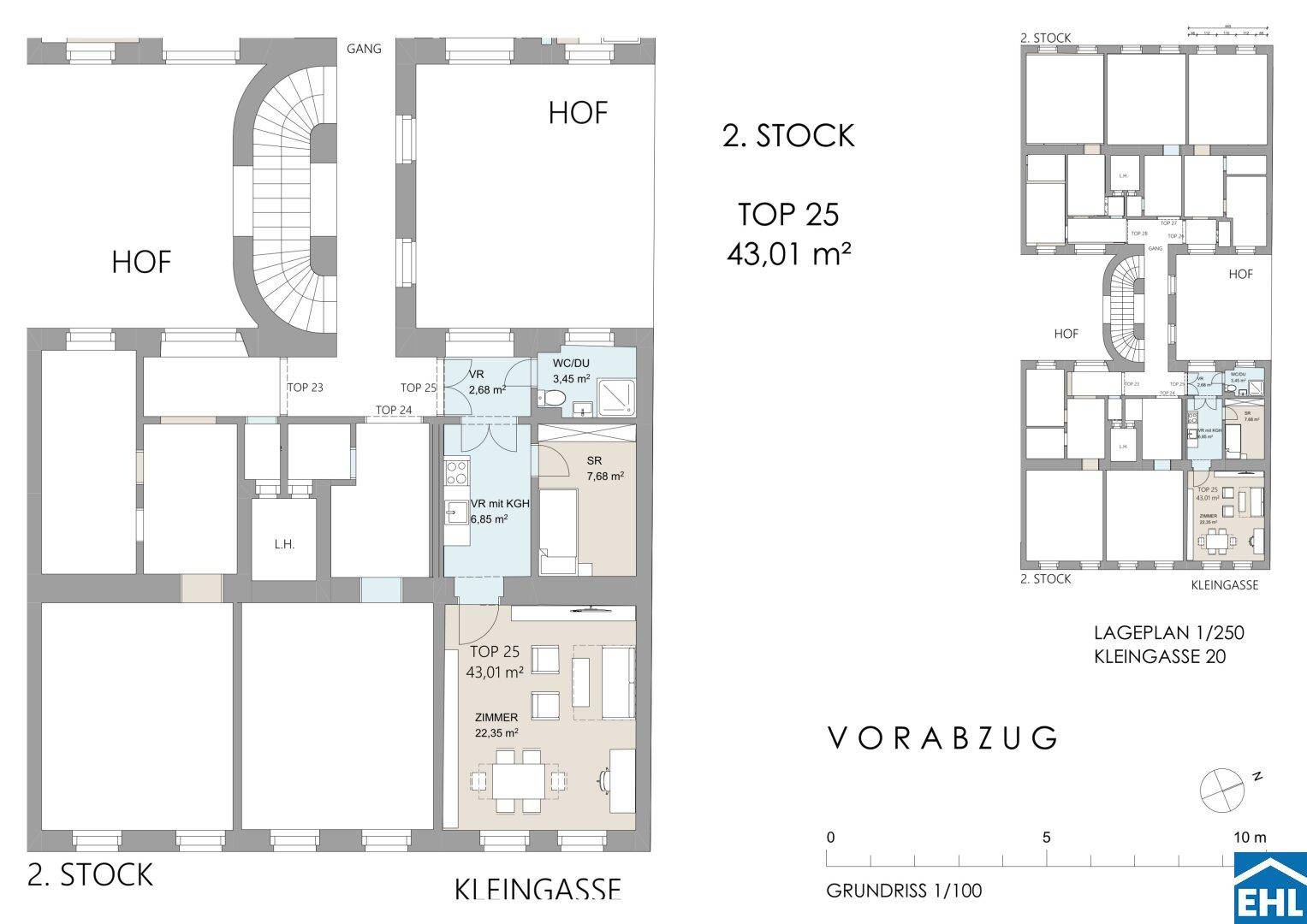 Grundriss der Wohnung Top 25 im 2. Stock mit 43,01 m² und offener Raumaufteilung.