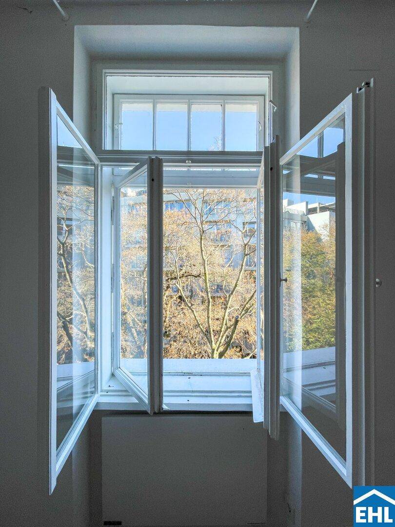 Großes Fenster mit Blick auf Bäume und umliegende Gebäude, das viel Licht spendet.