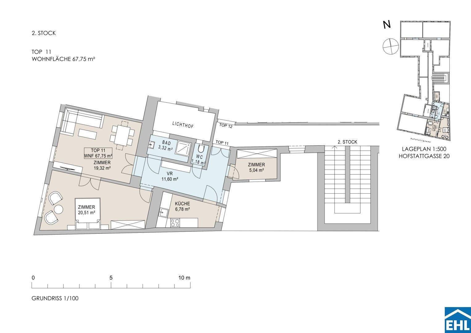 Grundriss der Wohnung Top 11 im 2. Stock mit 67,75 m² Wohnfläche.