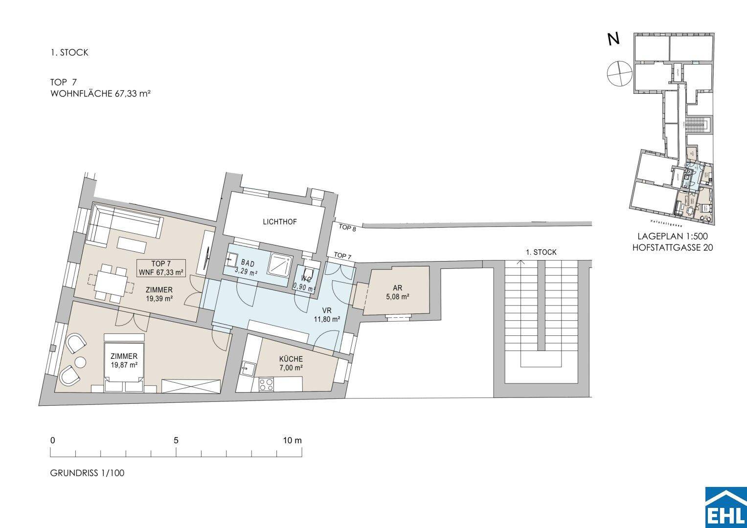 Grundriss der Wohnung Top 7 im 1. Stock mit 67,33 m² Wohnfläche.