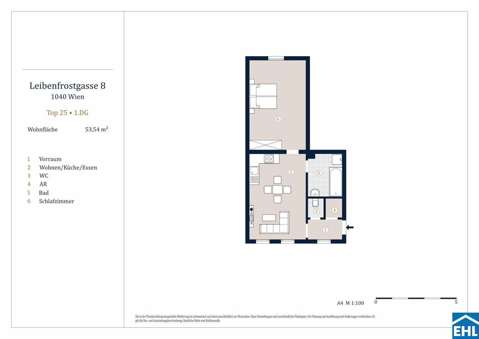 Detaillierter Grundriss einer Wohnung mit 53,54 m² Wohnfläche und klarer Raumaufteilung.