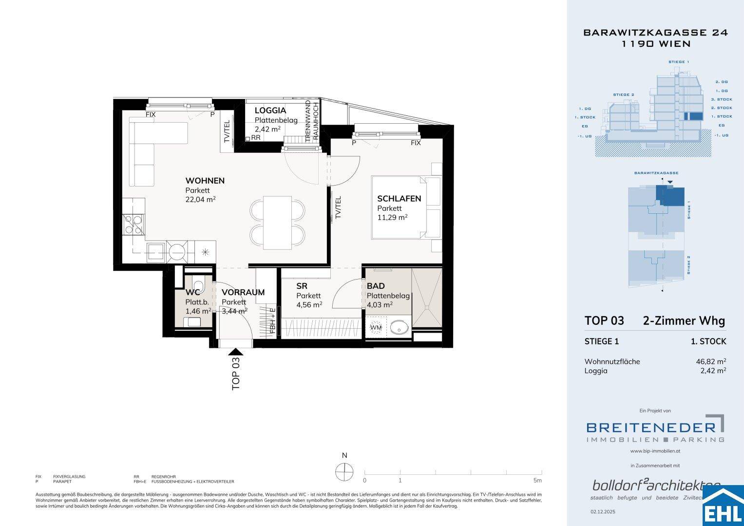 Grundriss einer 2-Zimmer-Wohnung mit Wohnbereich, Schlafzimmer und Loggia.