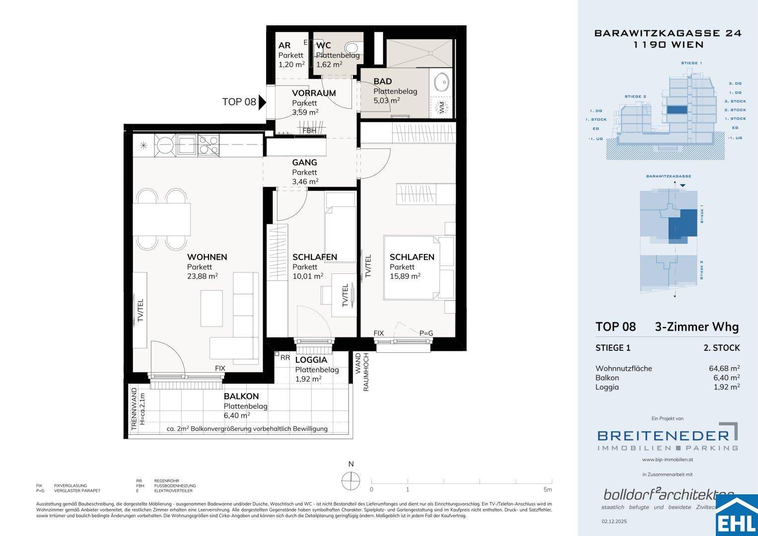 Grundriss einer 3-Zimmer-Wohnung mit Balkon und Loggia im 2. Stock.
