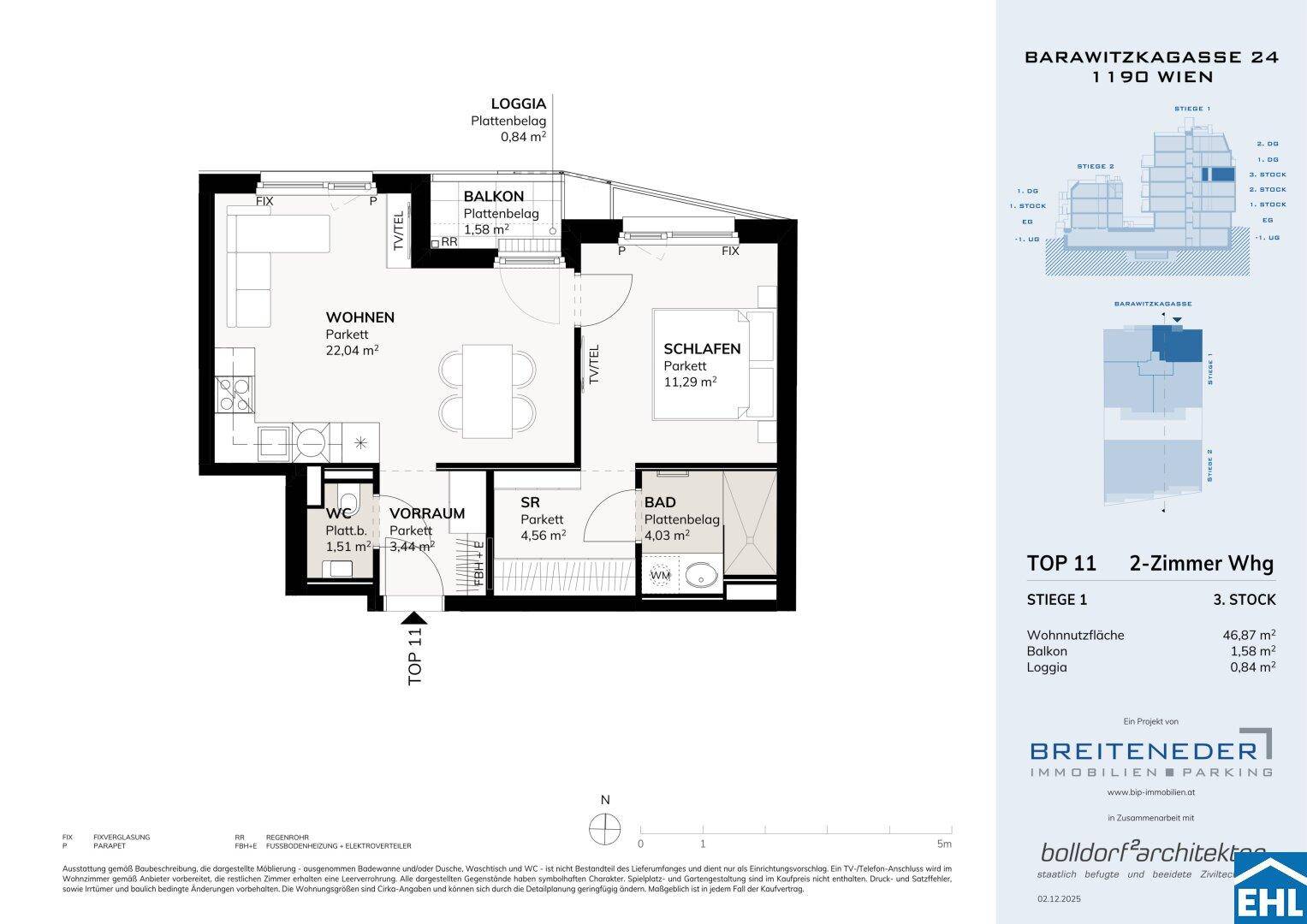 Grundriss der 2-Zimmer-Wohnung TOP 11 mit Loggia und Balkon im 3. Stock.