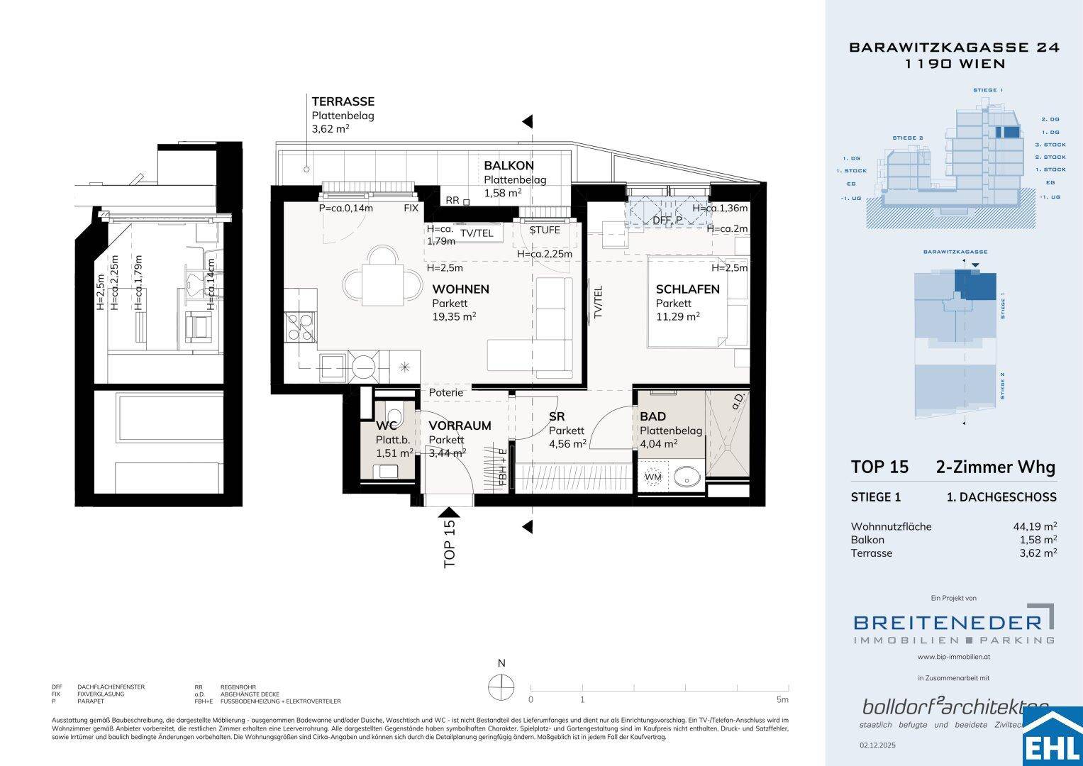 Grundriss einer 2-Zimmer-Wohnung mit Balkon und Terrasse im Dachgeschoss.
