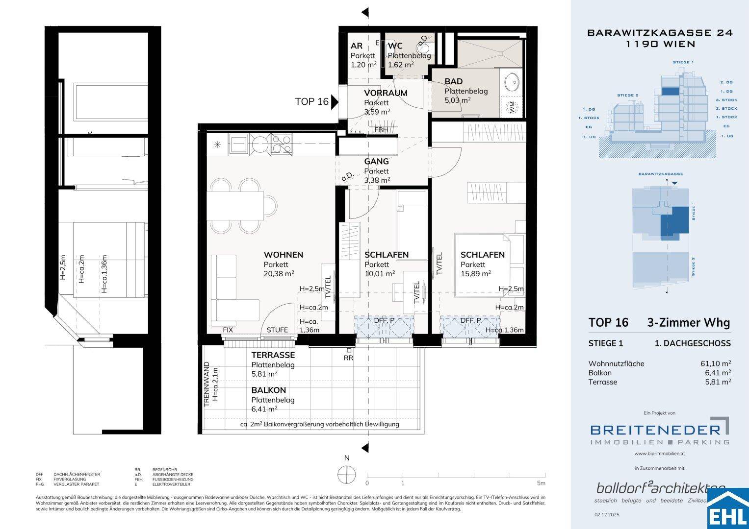 Grundriss der 3-Zimmer-Wohnung TOP 16 mit offenem Wohnbereich, Balkon und Terrasse.
