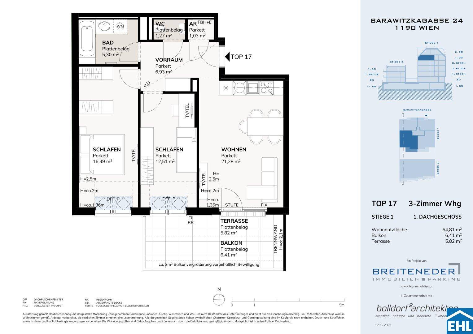Grundriss der 3-Zimmer-Wohnung Top 17 mit Terrasse und Balkon.