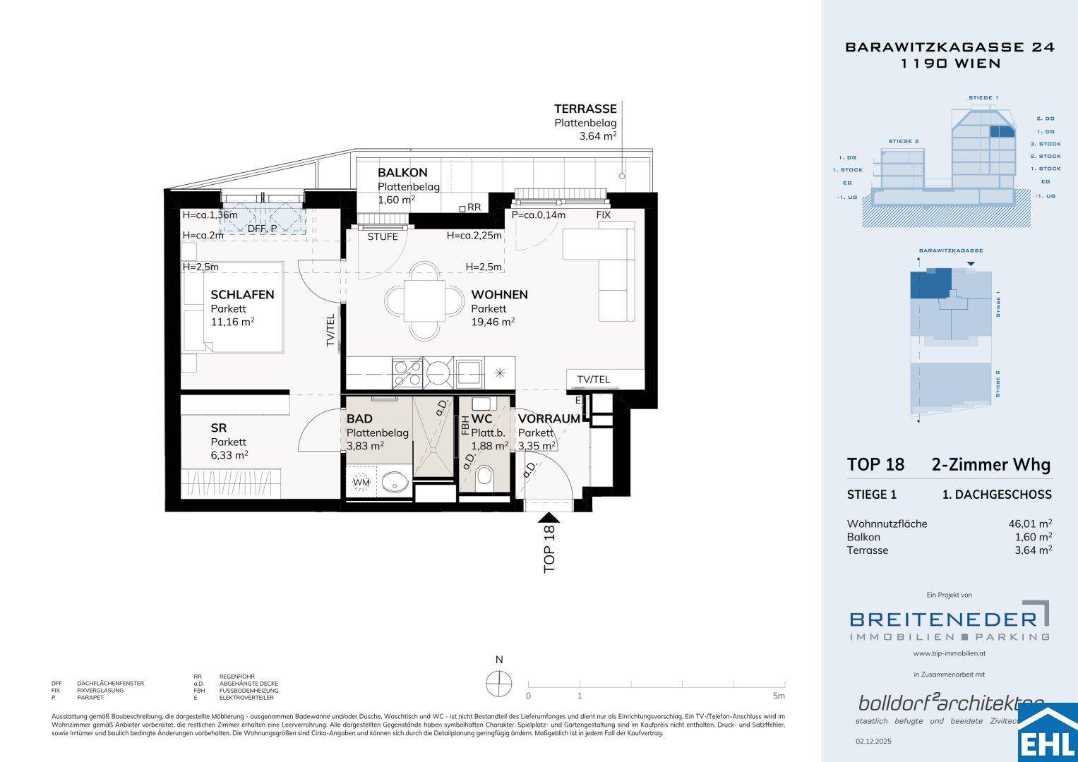 Detaillierter Grundriss einer 2-Zimmer-Wohnung mit Schlafzimmer, Wohnbereich, Bad, WC, Balkon und Terrasse.