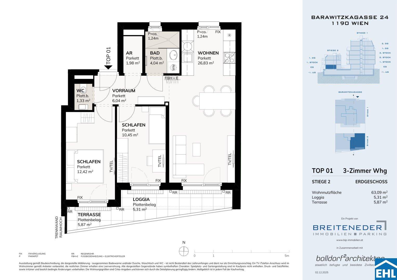 Grundriss der 3-Zimmer-Wohnung TOP 01 mit Terrasse, Loggia und offenem Wohnbereich.