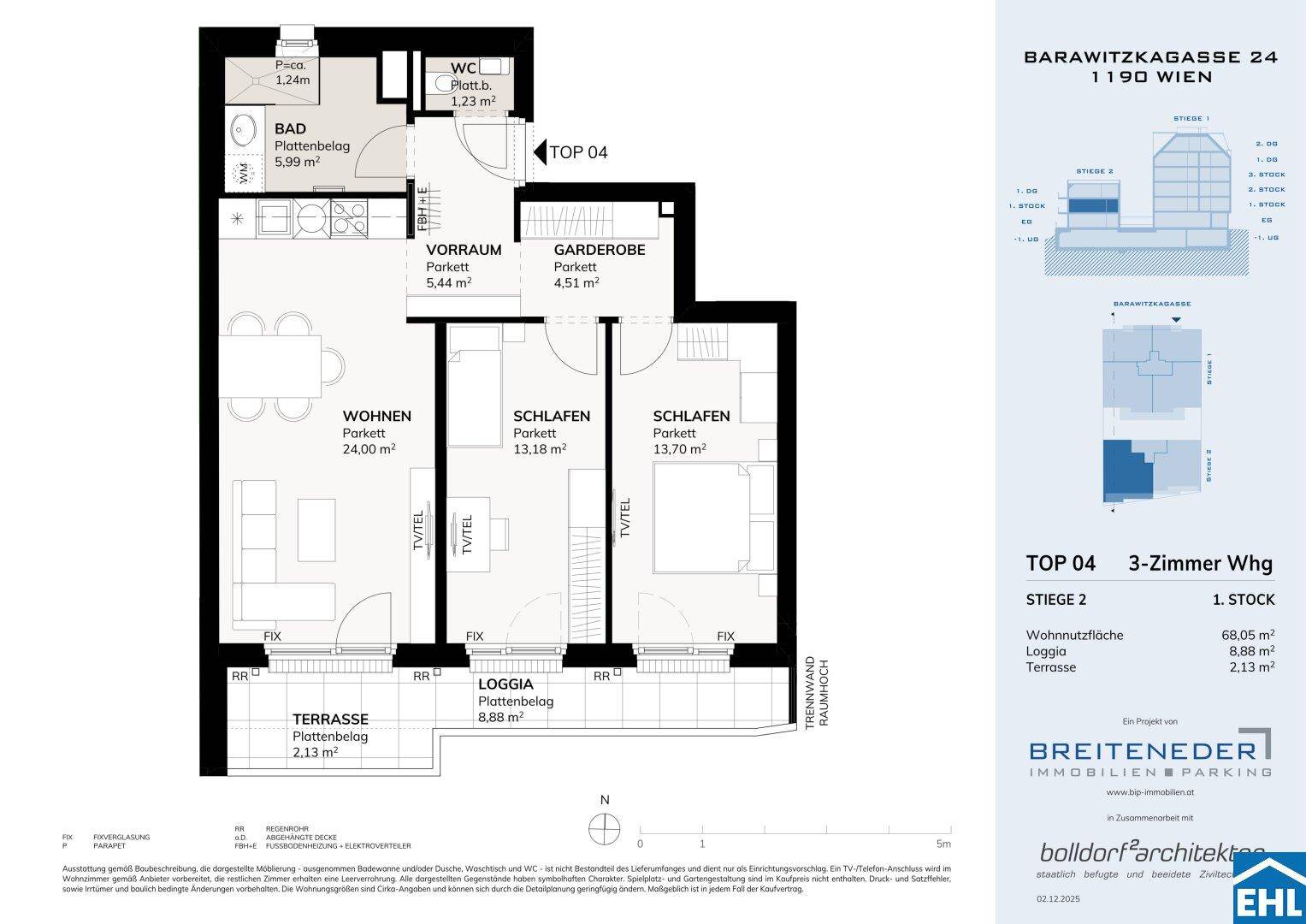 Grundriss der Wohnung TOP 04 mit zwei Schlafzimmern, Wohnbereich, Terrasse und Loggia.