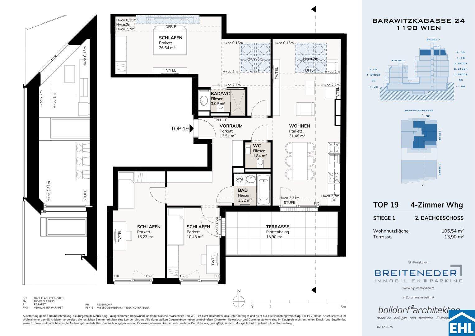 Detaillierter Grundriss einer 4-Zimmer-Wohnung mit Terrasse und zwei Bädern.