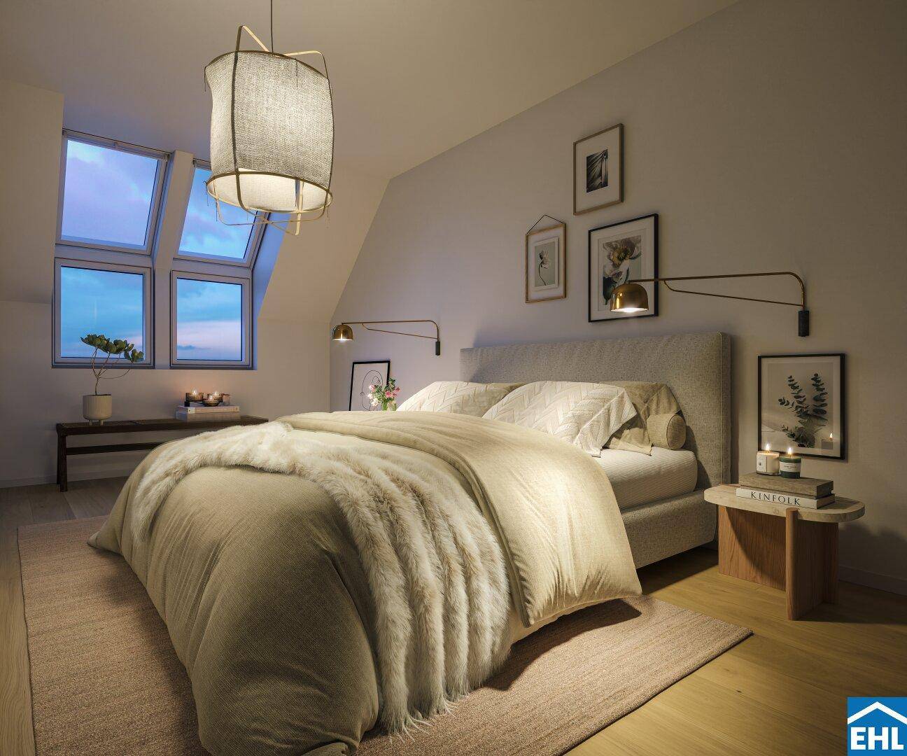 Gemütliches Schlafzimmer mit Dachschrägen, großen Dachfenstern und modernem Design.