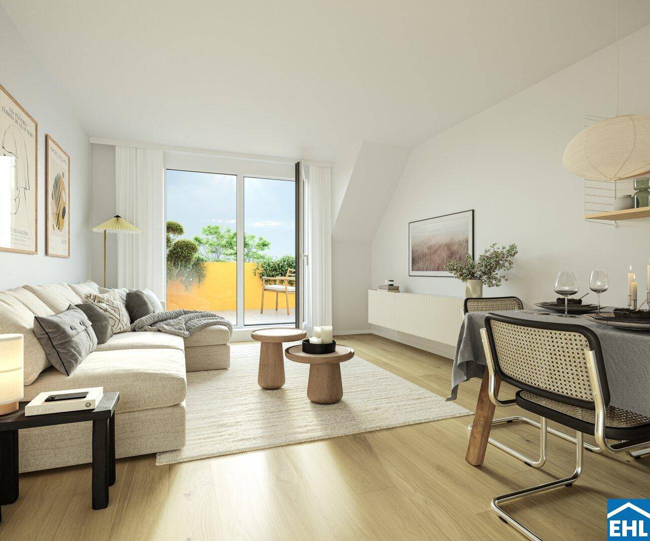 Heller Wohn- und Essbereich mit Holzboden, modernem Sofa und Zugang zu einer Terrasse.