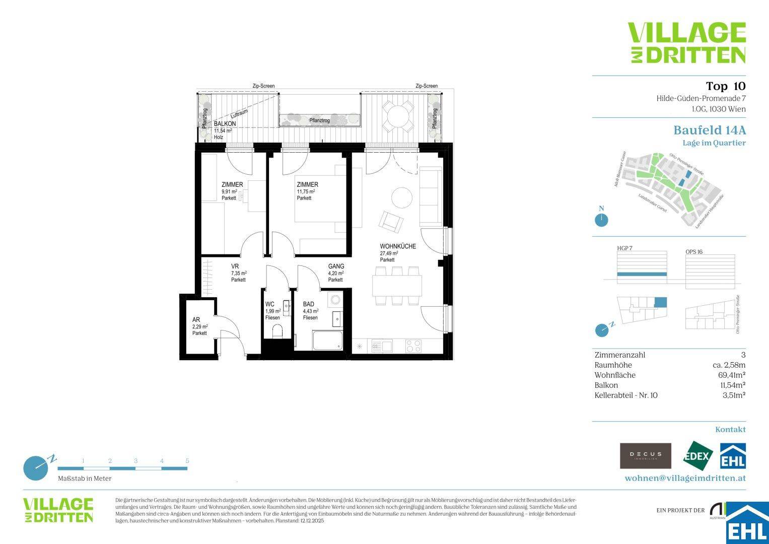 Detaillierter Grundriss einer Wohnung mit Balkon, separatem WC und offenem Wohnbereich.
