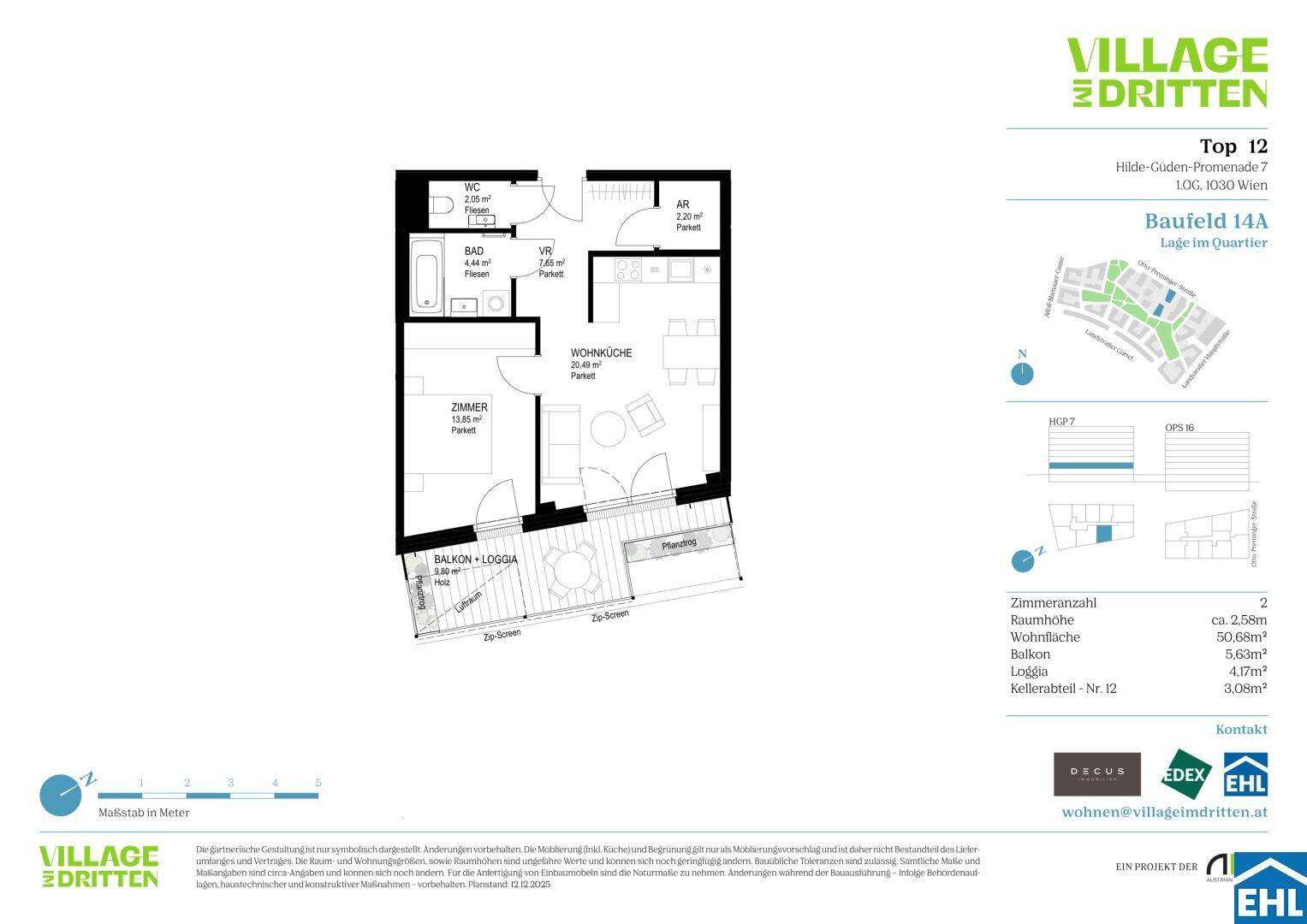 Grundriss einer 1-Zimmer-Wohnung mit offener Wohnküche, Balkon/Loggia und separatem WC.
