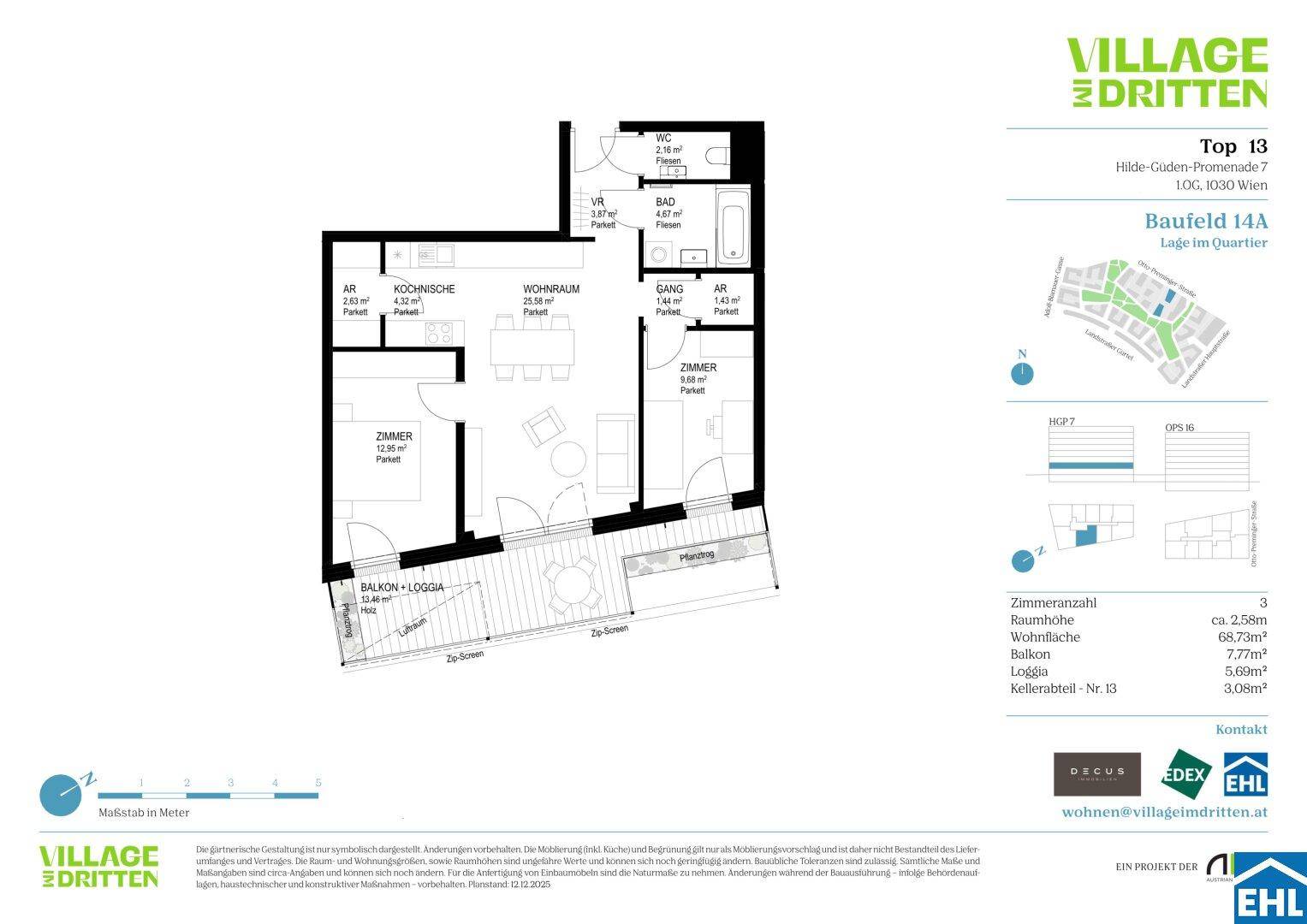 Detaillierter Grundriss einer Wohnung mit Balkon und Loggia, inklusive Raumaufteilung.
