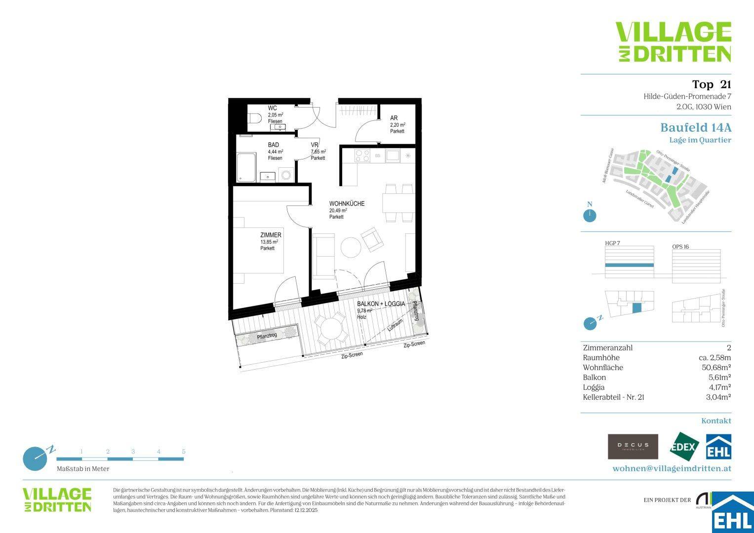 Grundriss einer Wohnung mit Wohnküche, Schlafzimmer, Bad und Balkon/Loggia.