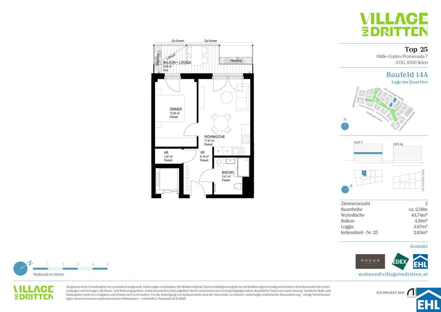 Grundriss einer Wohnung mit Balkon/Loggia, Wohnküche und separatem Zimmer.