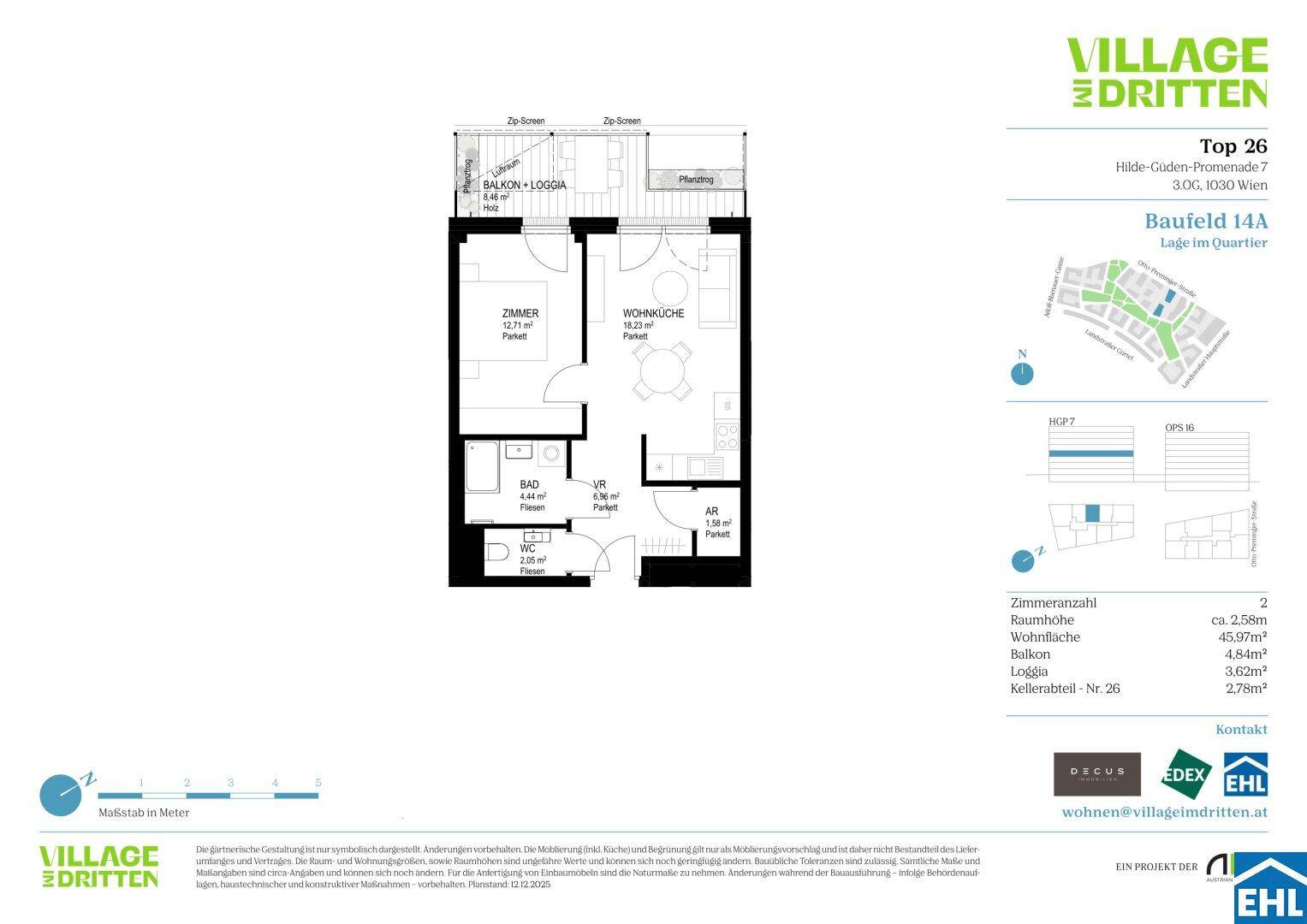 Detaillierter Grundriss einer Wohnung mit Balkon, Loggia und separatem WC.