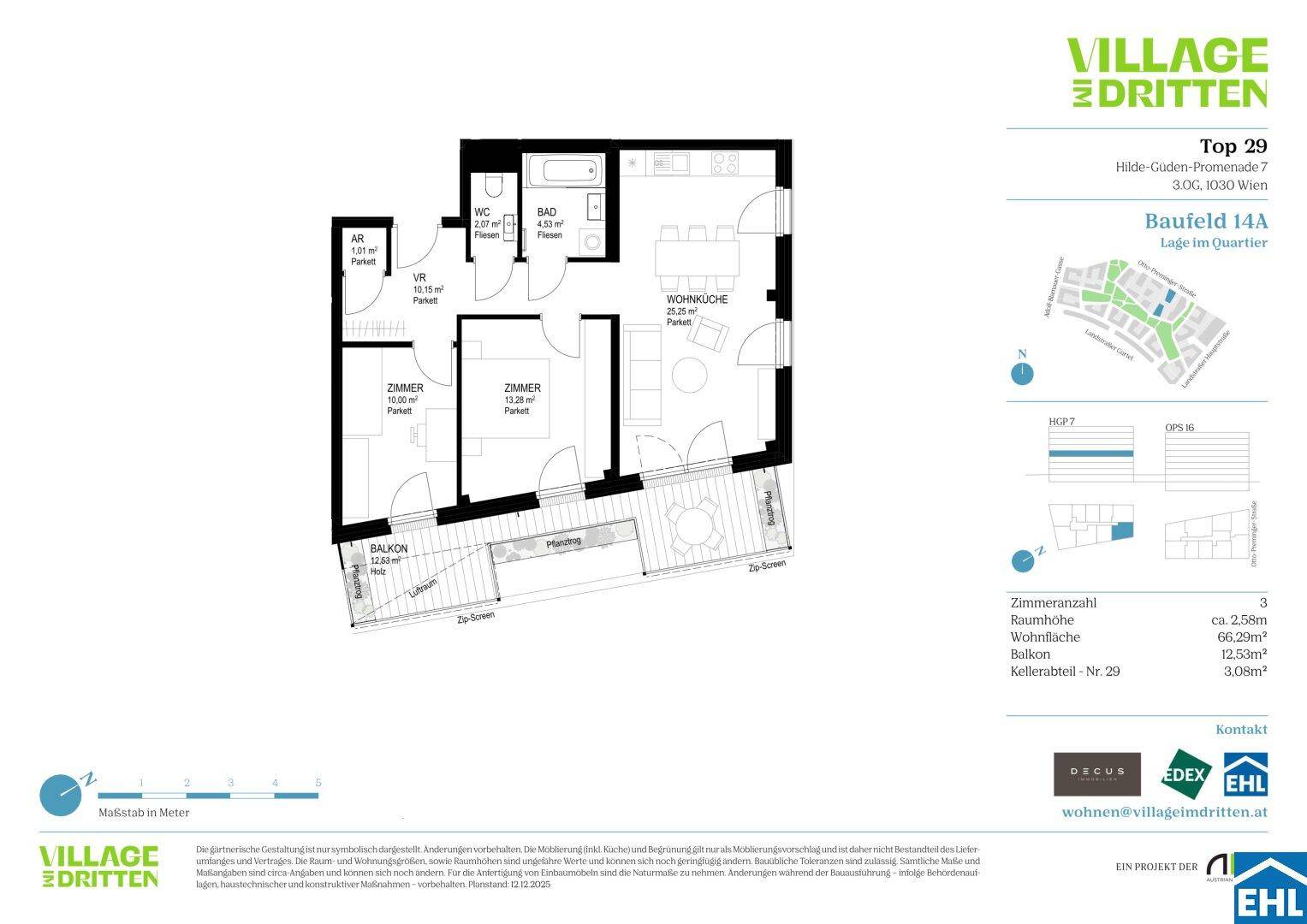Detaillierter Grundriss einer Wohnung mit drei Zimmern, Balkon und separatem WC.
