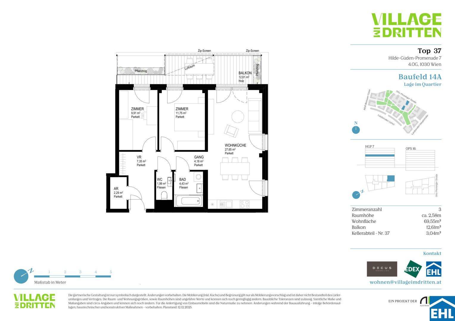Grundriss einer Wohnung mit zwei Zimmern, Wohnküche, Bad, WC und Balkon.