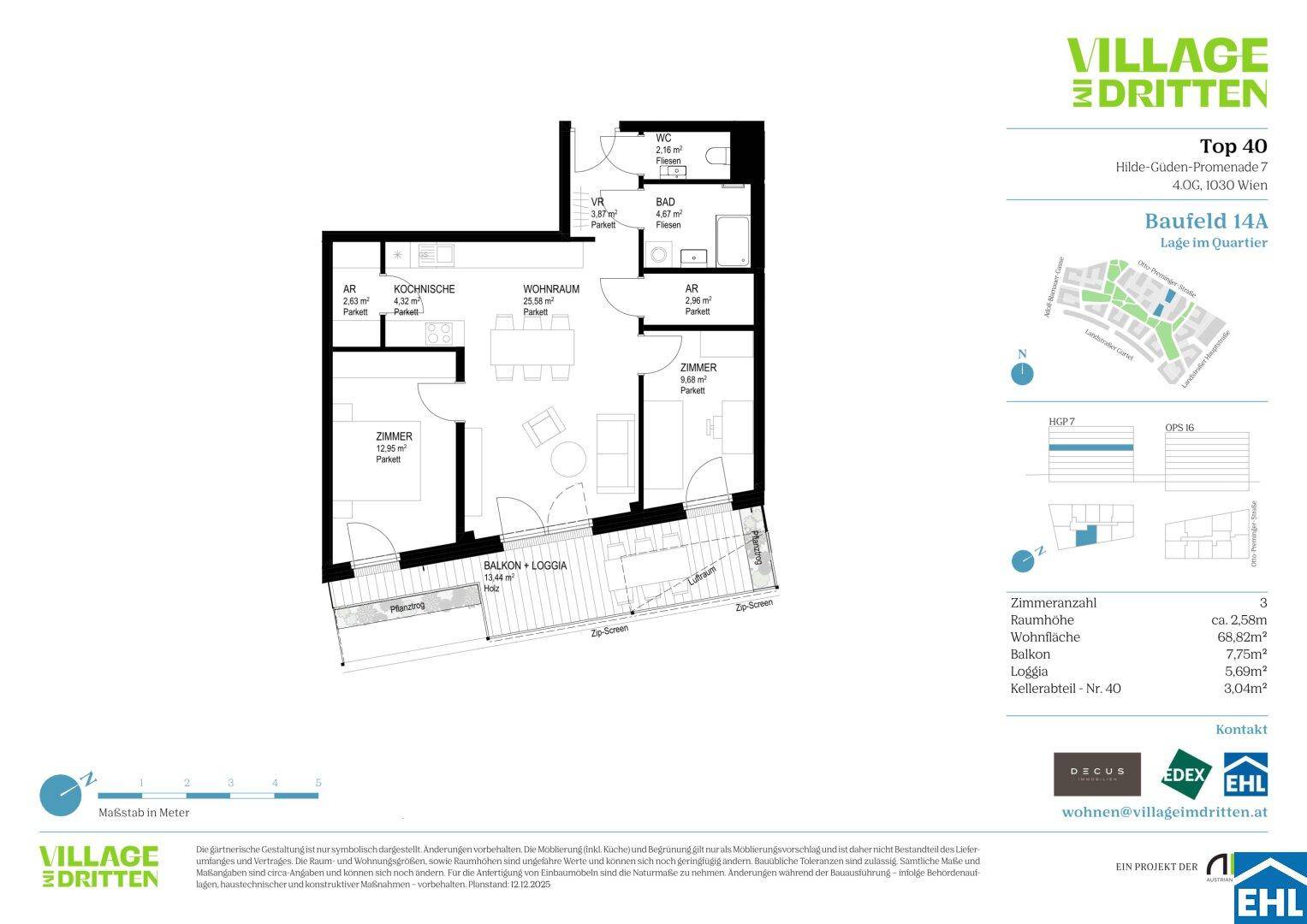 Grundriss der Wohnung Top 40 mit Balkon/Loggia, zwei Zimmern und offenem Wohnbereich.